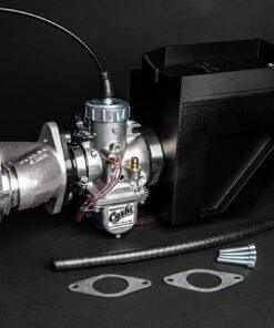 Murray's performance Kawasaki KZ400 single carb kit for stock keihin carburetor replacement. Includes Murray's custom intake manifold and airbox with tooltray lid. KIt provides more torque and better drivability combined with the simplicity of a single carburetor.
