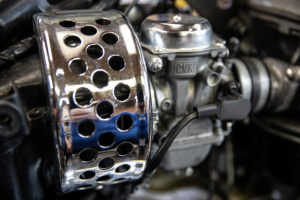 This picture shows the Triumph America and Speedmaster motorcycle chrome vanity piece and keihin carburetors. 