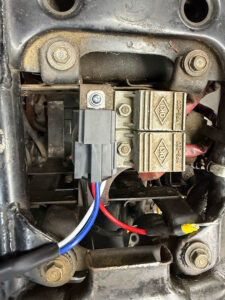 This shows Murray's Coil Relay Kit being mounted to the frame of a Honda CB750 motorcycle.